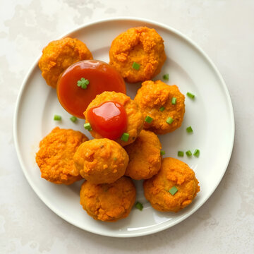 Carrot Fritters or Gajar ke pakore or pakode or bajji or bhaji, Indian snack served in a plate with tomato ketchup