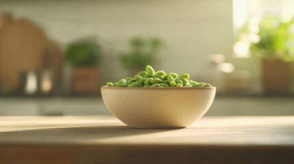 Small bowl of green succulent plants on a wooden table. the bowl is made of a light-colored material and has a smooth texture. the succulents are small and round, with a few leaves still attached.
