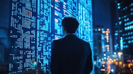 Fototapeta premium Businessman Analyzing Financial Data in a Futuristic Cityscape