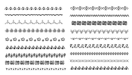 Ethnic tribal border, traditional hand drawn divider, doodle separator. Ancient motif line geometric brush, for frames, design element. 