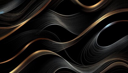 Sophisticated abstract design featuring flowing, curved lines in gold and silver against a stark black background