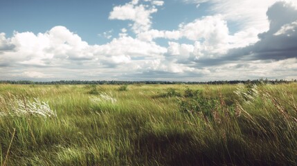 Obraz premium A serene landscape featuring lush green grass under a cloudy sky, evoking a sense of tranquility and natural beauty.