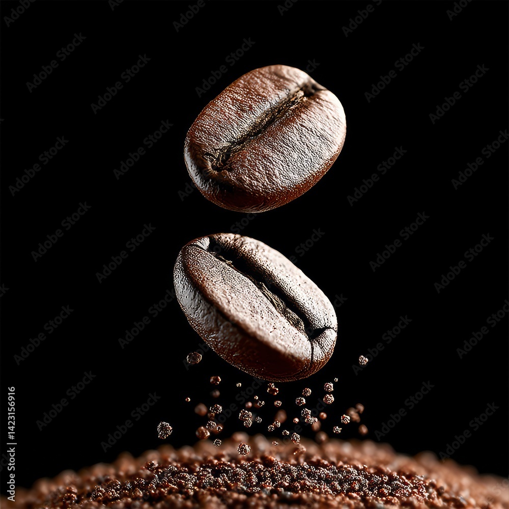 Poster two floating coffee beans with particles in air above ground coffee on a black backdrop.