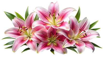 Fototapeta premium Beautiful Bouquet of Pink Star Gazer Lilies with Green Leaves Isolated