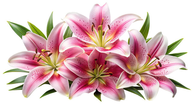 Beautiful Bouquet of Pink Star Gazer Lilies with Green Leaves Isolated