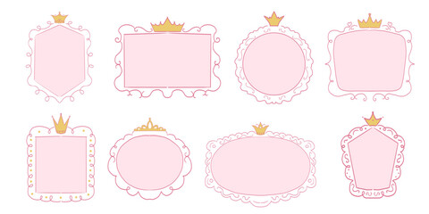 Princess cute pink frame sketch with crown swirl decorations. Simple doodle hand drawn border. Whimsical elegant vintage.