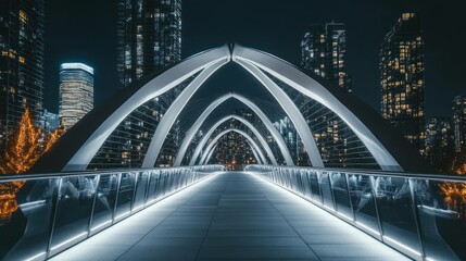 A modern illuminated pedestrian bridge spans across a cityscape at night