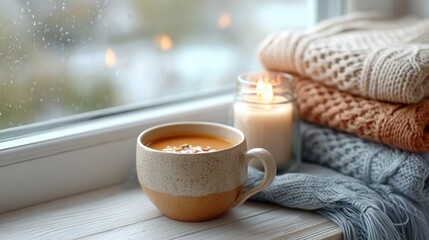 A cozy scene featuring a warm cup of coffee, a lit candle, and knitted blankets by a rain-streaked window, evoking relaxation and comfort.