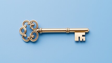 Antique Gold Skeleton Key with Intricate Designs Against a Light Blue Background for Creative and Decorative Use