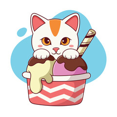 A cat with two scoops of ice cream in a cup
