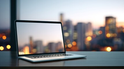 A sleek laptop on a desk, showcasing modern technology in a vibrant cityscape background during twilight hours.