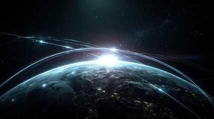 Obraz premium A stunning view of Earth from space, with radiant light trails highlighting technological connections and networks around the planet.