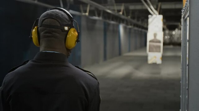 Medium rear of African American law enforcement officer putting on protective earmuffs at shooting stall, picking up handgun and aiming at target, while practicing marksmanship skills at range