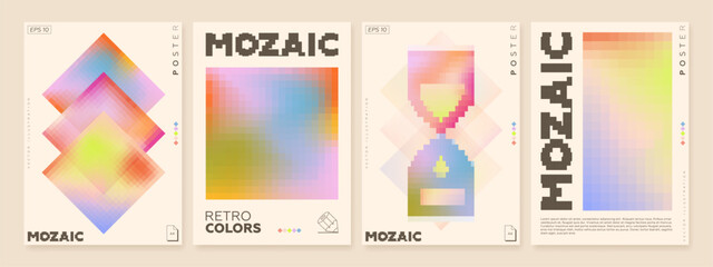 Abstract modern poster background set. Minimalist mozaic cover template with colorful vibrant perspective geometric shape in motion. Useful for social media, flyer, invitation. Vector illustration
