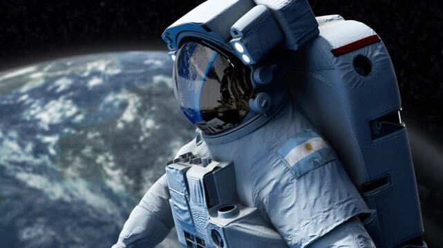 Argentina Astronaut with arm patch flag floating through space. Space program. Spaceman. Earth in background. The country showing national pride. 