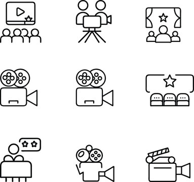 Movie Icons Set. Line Style Cinema, Filmmaking, and Entertainment Symbols