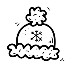 Doodle cute hat with snowflake, fur. Hand drawn outline cap isolated on white background. Santa Claus woolen warm clothes. Symbol of winter, Christmas carnival party costume. Vector cozy illustration