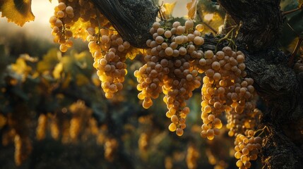 Vibrant grapes are ready for harvest in a vineyard during the autumn season. Golden sunlight illuminates the heavy clusters hanging from the vines, showcasing the bountiful season.