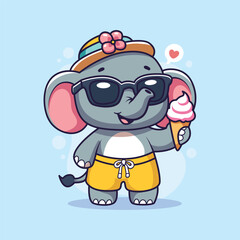 Cute cartoon elephant with ice cream in hand. Vector illustration.