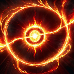 Fototapeta premium Ethereal swirling flames creating a vibrant circular pattern with a bright glowing core emitting intensity and energy, blending shades of orange, red, and yellow against a dark background.