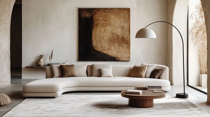 Stylish living room with curved sofa, modern art, floor lamp, neutral colors, and minimalist design.