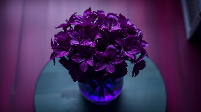 Vibrant purple hyacinth bouquet in dark vase on wooden table with soft grey background and natural light highlighting clustered blossoms for a striking floral composition.