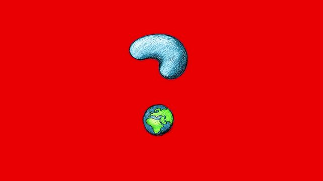 Question mark blue green white color with Earth red screen. Questions about the condition of our planet. Ecology, demography &ndash; civilization fully hand drawn, dynamic, pulsing, cartoon animation.