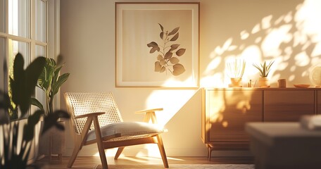 Fototapeta premium Bright Interior Room With Wooden Furniture and Natural Light and Shadow