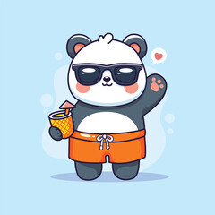 Cute panda in sunglasses with pineapple juice. Vector illustration.