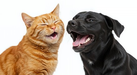 Ginger Cat and Black Dog Laughing Together Isolated on White Background Showing Friendship and Happiness Depicting Cute Domestic Animals Cheerful and Playful