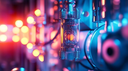Fototapeta premium Abstract neon science laboratory equipment closeup image red pink blue glass metal light power tubes