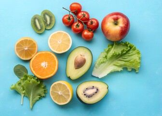 Flat lay of fresh fruits and vegetables with grocery bag on blue background, concept placed bottom corner