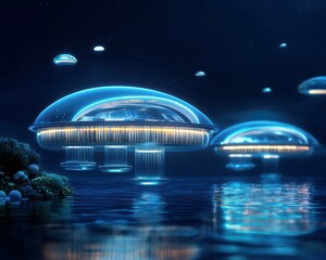 Futuristic floating structures illuminated in a serene night setting over water.