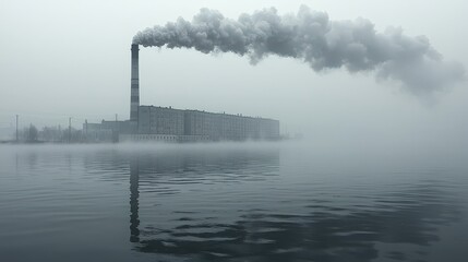 A colossal industrial factory chimney spewing forth thick, acrid chemical gas into the smog-choked cityscape and the tranquil expanse of water below, a stark reminder of human impact on the 