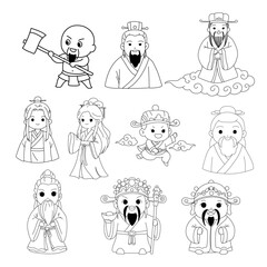 Outline Chinese cute cartoon doodle hand drawn black and white elements.Line art character isolated set coloring page artwork 