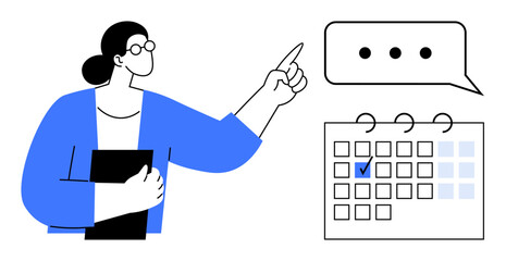 Woman with notepad pointing to a calendar with marked event and speech bubble conveying communication. Ideal for scheduling, planning, communication, teamwork, organization, productivity, meeting