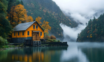 Fototapeta premium A vibrant yellow cabin by a misty lake surrounded by autumn foliage and mountains