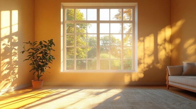 A room featuring a large window is filled with sunlight, which creates a cozy and welcoming ambiance.