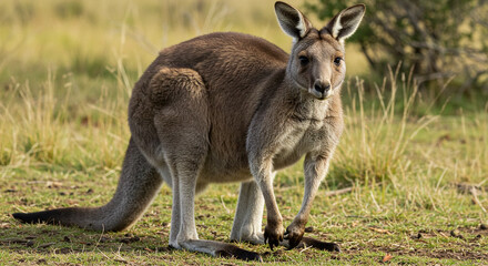Fototapeta premium Kangaroo Standing in Grassy Field Animal Wildlife Portrait
