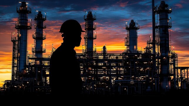 A dynamic double exposure, blending the silhouette of a focused engineer amidst the towering structures of an oil refinery at twilight, revealing a fusion of human ingenuity and industrial power 