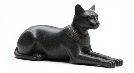 Detailed Ancient Egyptian Cat Statue Lying Down Against White Background Featuring Intricate Gold Speckles and Detailing Showcasing Rich Texture and Historical Reverence In Classic Lighting
