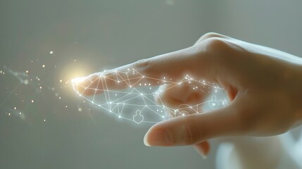 Fototapeta premium Touching the Digital Universe: A close-up shot of a finger delicately touching a network of illuminated particles, symbolizing connectivity, innovation, and the digital realm.