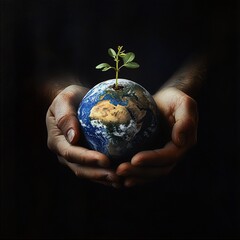 An earth holded in hands with a sprout, Earth Day.