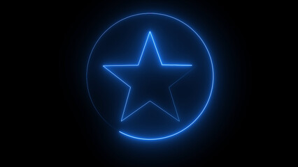 Glowing blue star in circle neon sign isolated on black background
