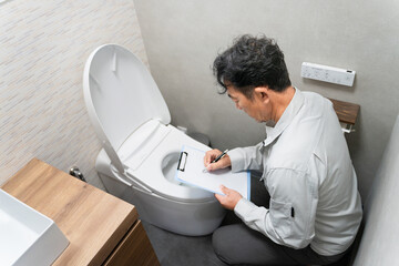 トイレの点検をする修理業者　ライフスタイルイメージ	
