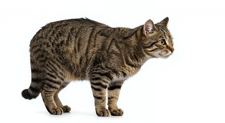 Alert Wildcat with Brown and Black Striped Coat Stands on White Background Studio Shot