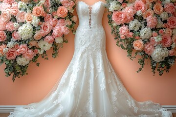 Wedding Dress Displayed, Floral Arrangements