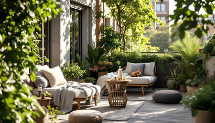 Naklejka premium Urbaner Balkon mit Sommerpflanzen & Sessel