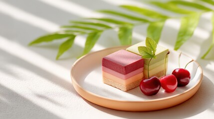A colorful dessert plate featuring layered jelly squares and cherries, set against a backdrop of soft light and green leaves.