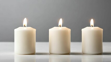 Three Lit White Candles Against A Neutral Background